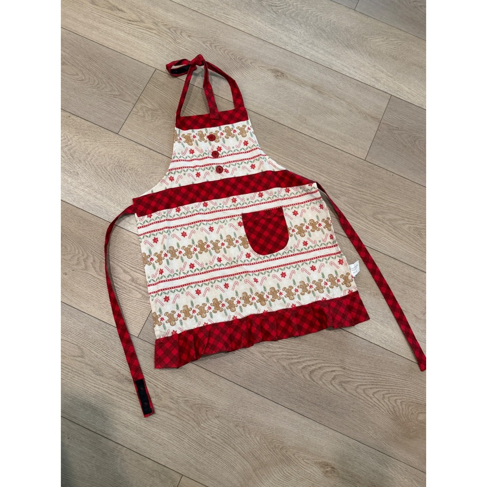 St Nicholas Square Kids Youth Christmas Gingerbread Apron Red Buffalo Plaid